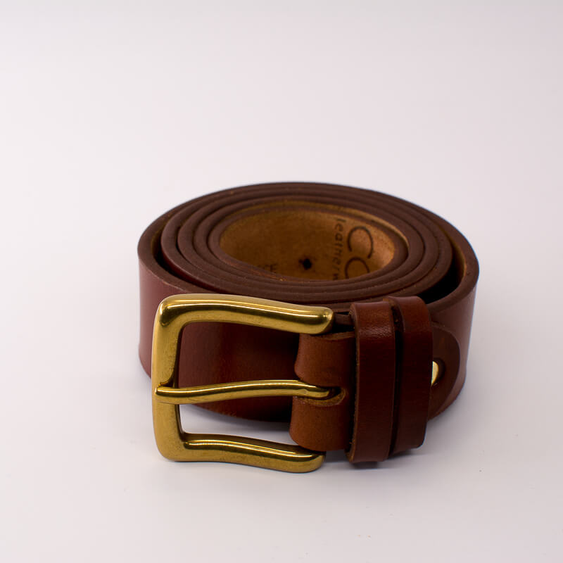 Golden square solid brass buckle (short) - light brown leather belt - 3.5cm width