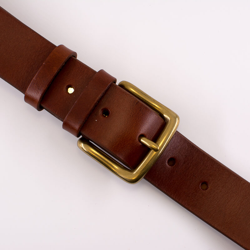 Golden square solid brass buckle (short) - light brown leather belt - 4cm width