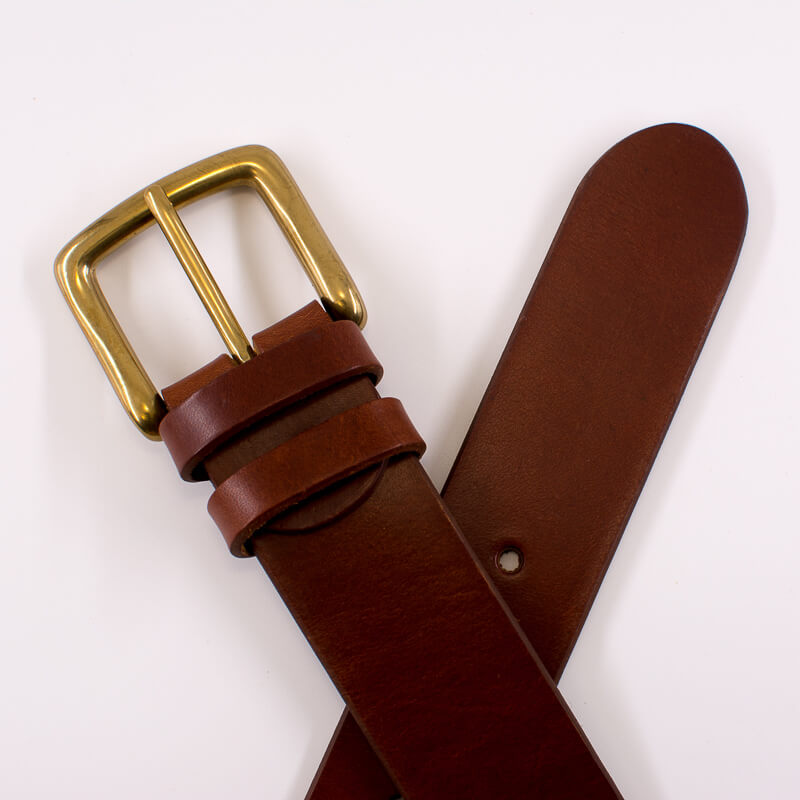 Golden square solid brass buckle (short) - light brown leather belt - 4cm width