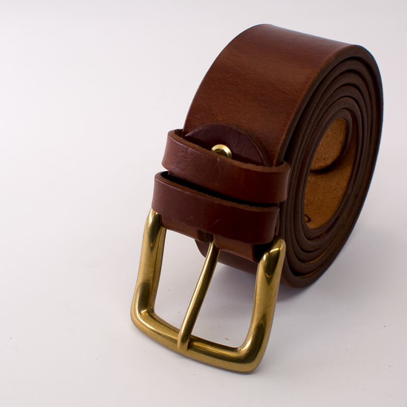 Golden square solid brass buckle (short) - light brown leather belt - 4cm width
