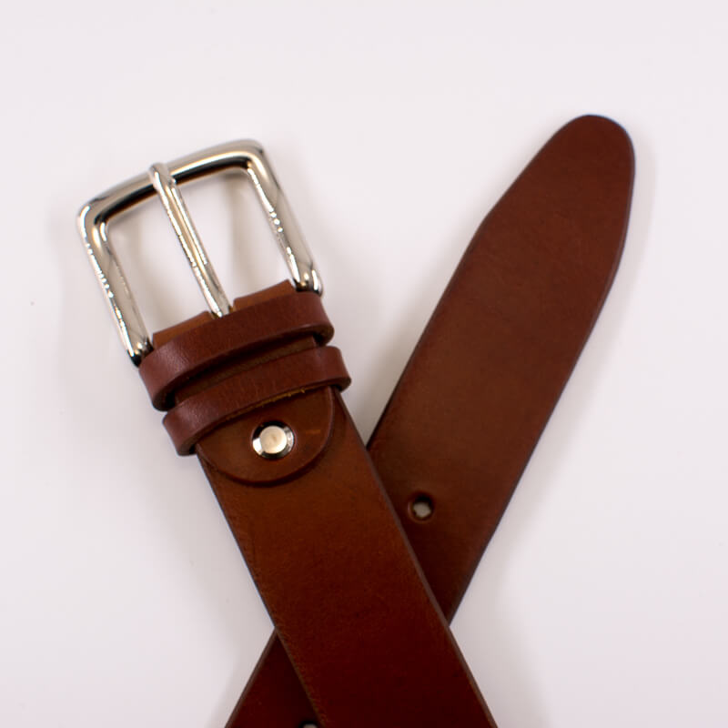 Silver square solid brass buckle (short) - light brown leather belt - 3.5cm width