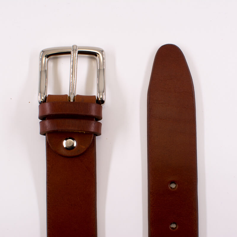 Silver square solid brass buckle (short) - light brown leather belt - 3.5cm width