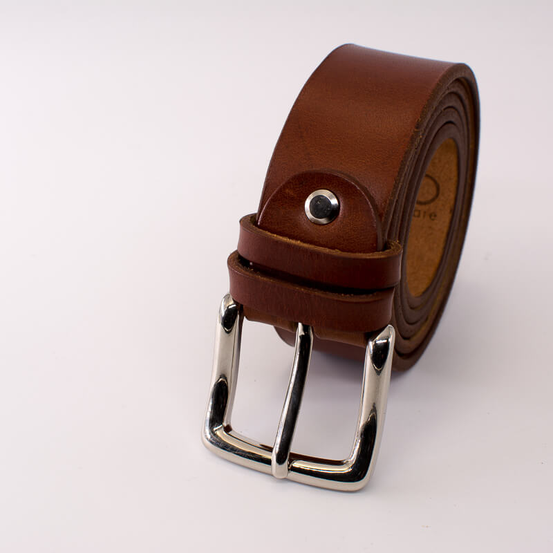 Silver square solid brass buckle (short) - light brown leather belt - 3.5cm width