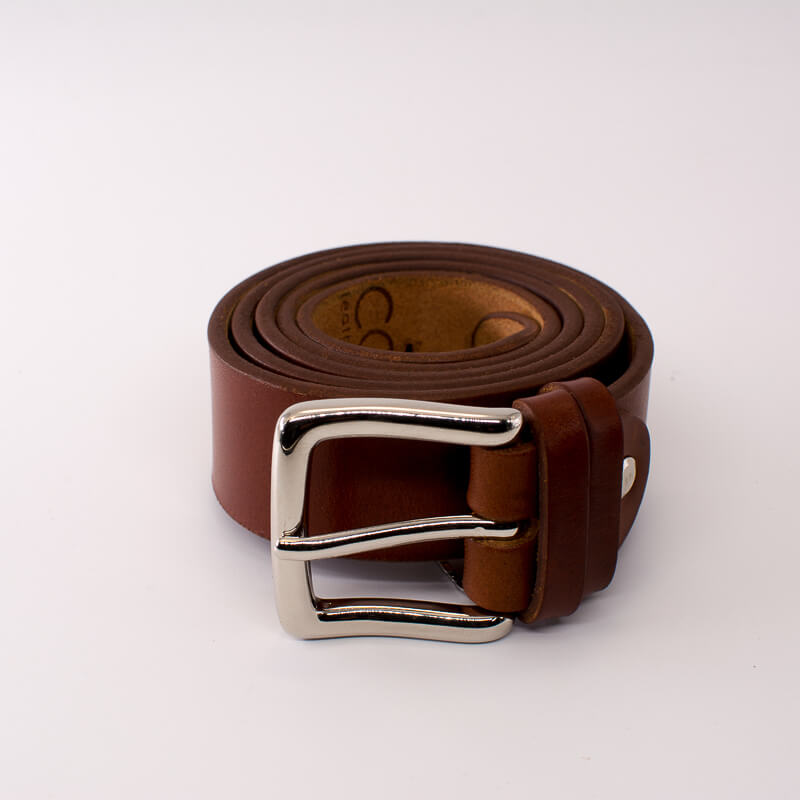 Silver square solid brass buckle (short) - light brown leather belt - 3.5cm width