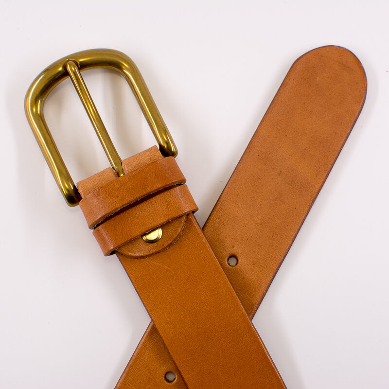 Golden round solid brass buckle - natural leather belt - 4cm width