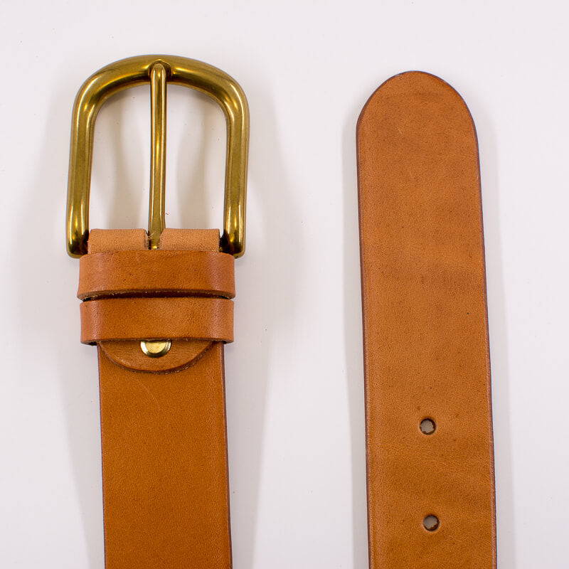 Golden round solid brass buckle - natural leather belt - 4cm width