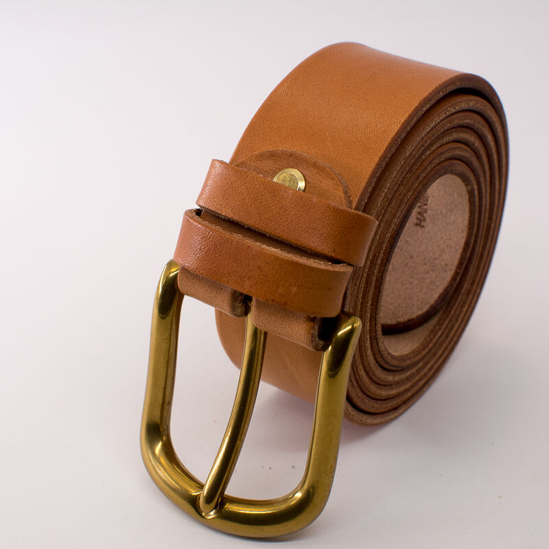 Golden round solid brass buckle - natural leather belt - 4cm width