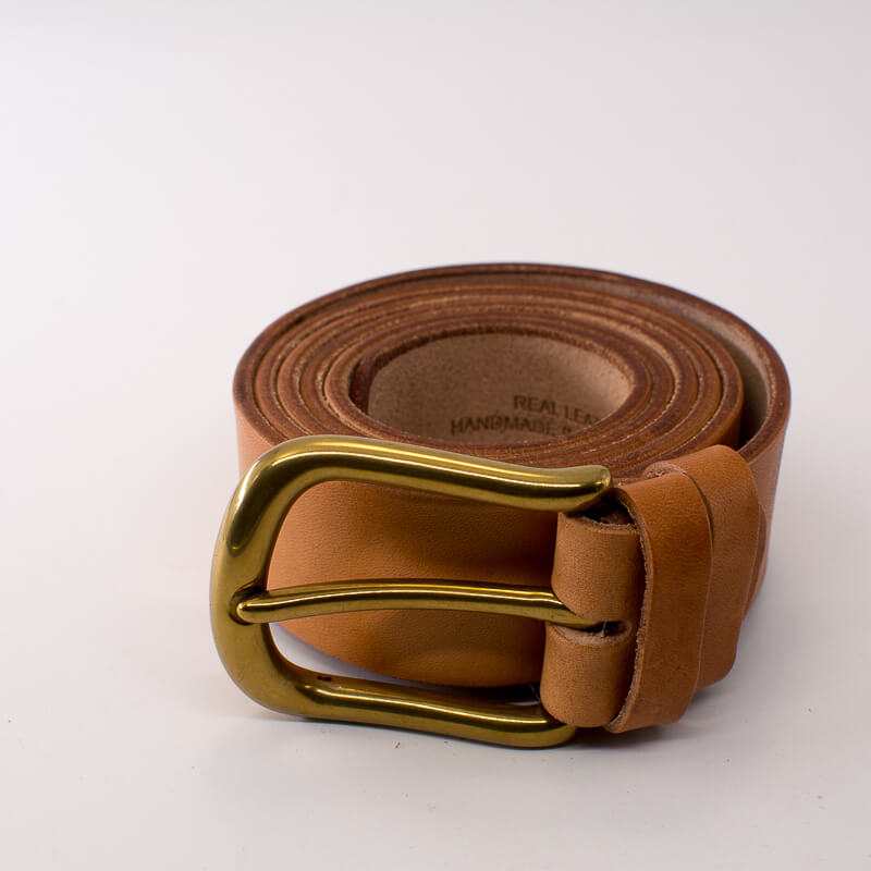 Golden round solid brass buckle - natural leather belt - 4cm width