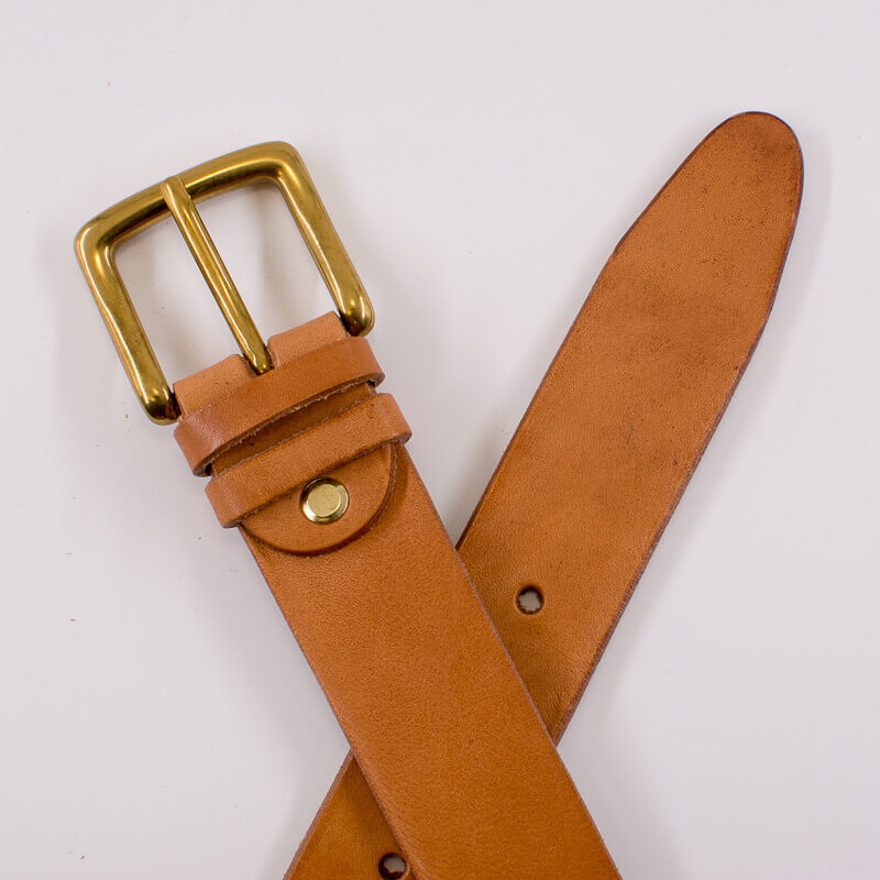 Golden square solid brass buckle (short) - natural leather belt - 3.5cm width