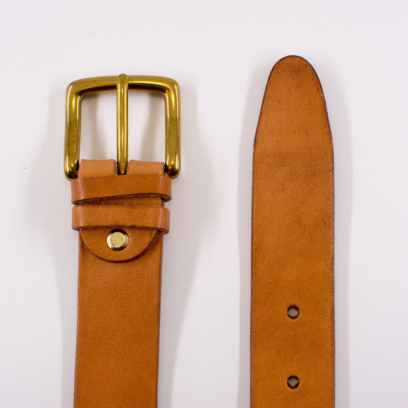 Golden square solid brass buckle (short) - natural leather belt - 3.5cm width