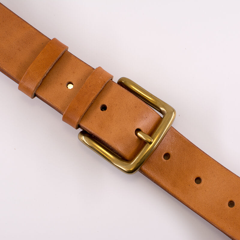 Golden square solid brass buckle (short) - natural leather belt - 4cm width