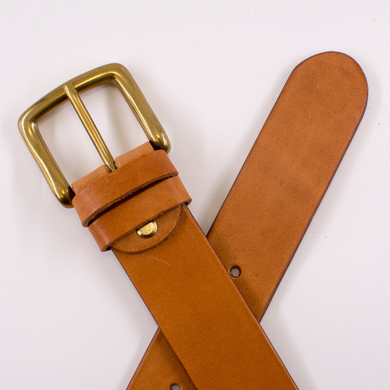 Golden square solid brass buckle (short) - natural leather belt - 4cm width