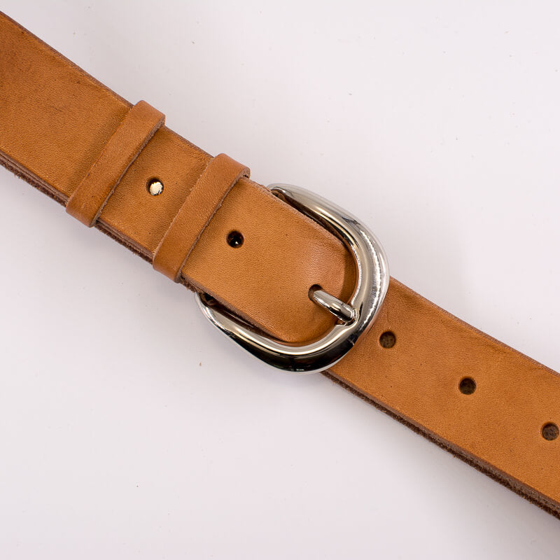 Silver round solid brass buckle - natural leather belt - 3.5cm