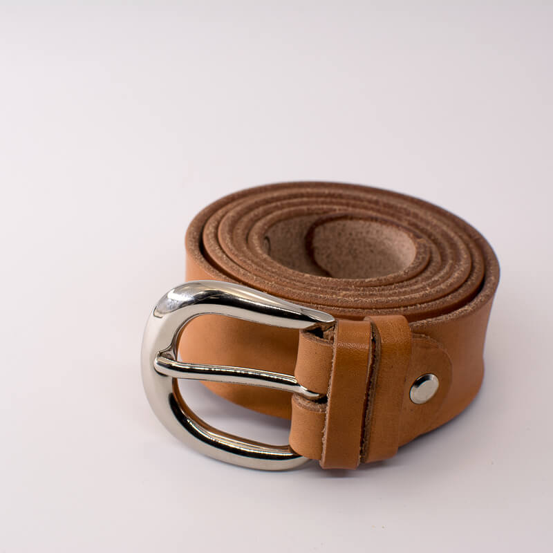 Silver round solid brass buckle - natural leather belt - 3.5cm width