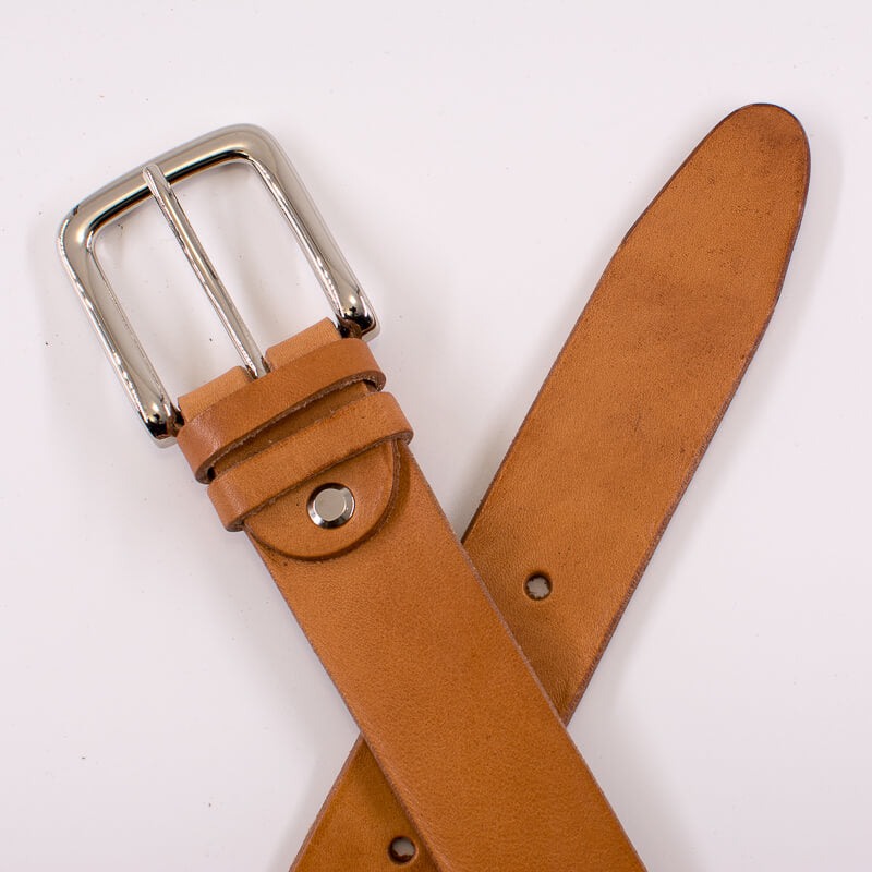 Silver square solid brass buckle - natural leather belt - 3.5cm width