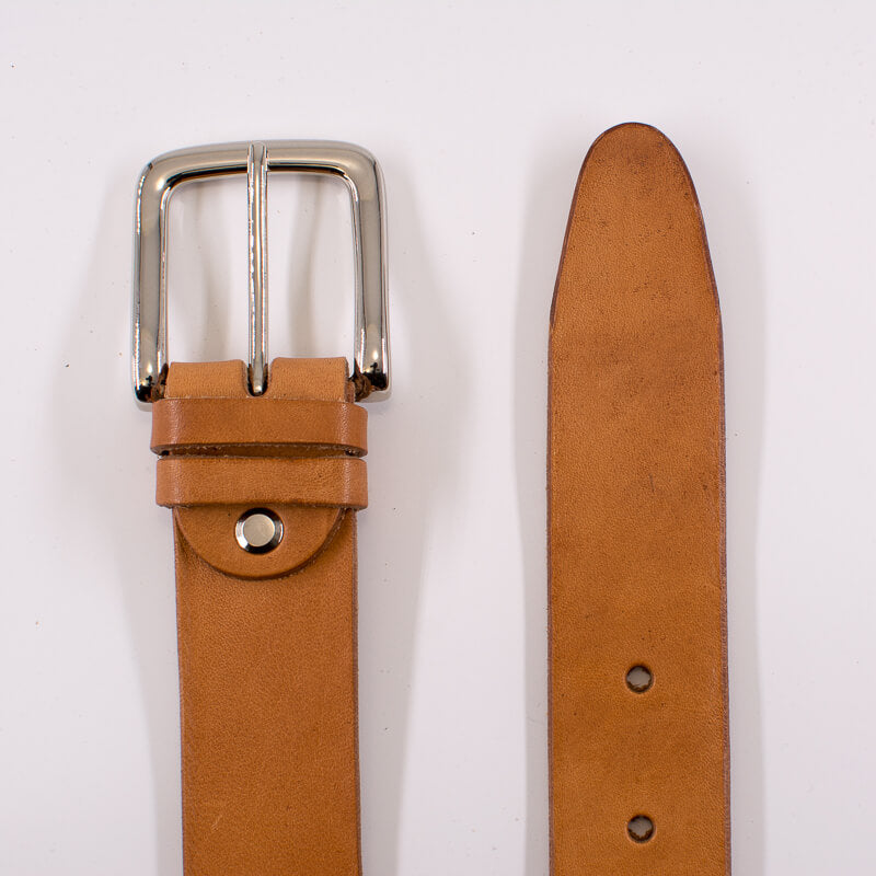 Silver square solid brass buckle - natural leather belt - 3.5cm width