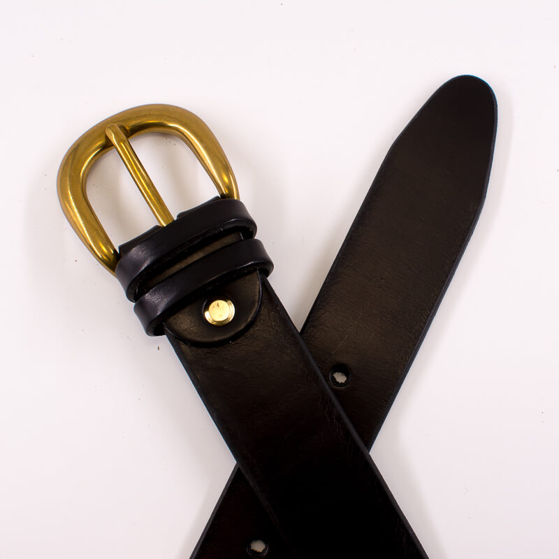 Golden round solid brass buckle - black leather belt - 3.5cm width