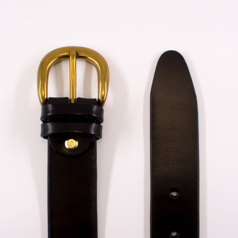 Golden round solid brass buckle - black leather belt - 3.5cm width