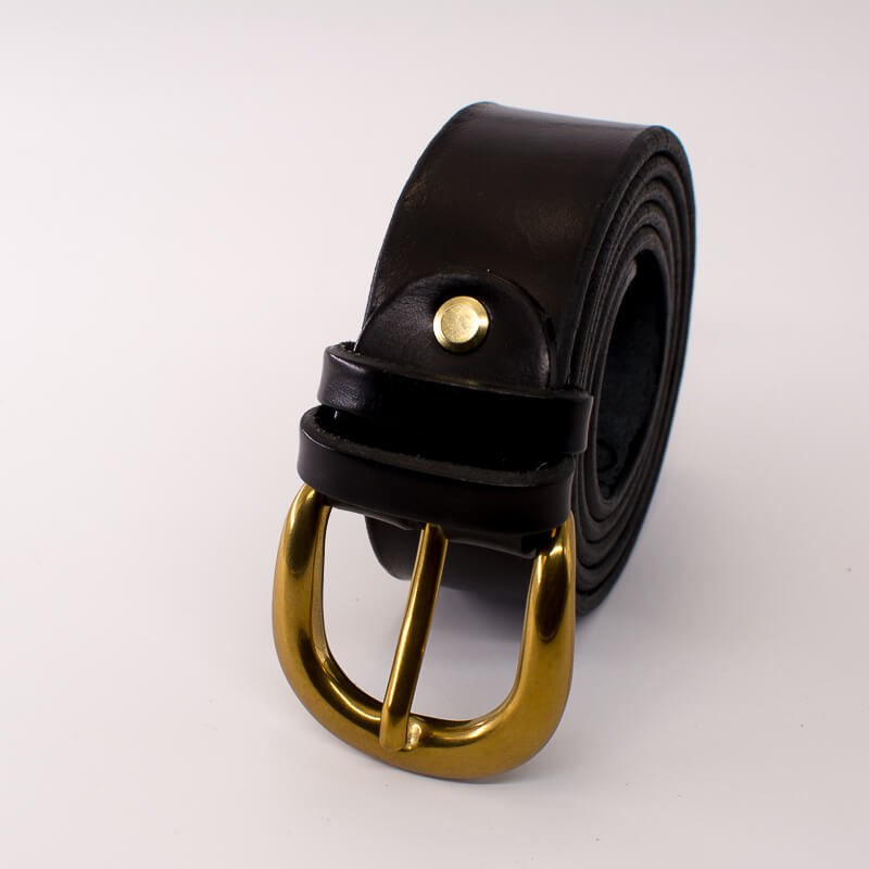 Golden round solid brass buckle - black leather belt - 3.5cm width