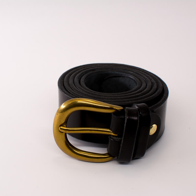 Golden round solid brass buckle - black leather belt - 3.5cm width