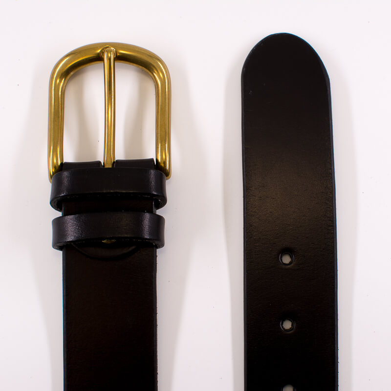 Golden round solid brass buckle - black leather belt - 4cm width