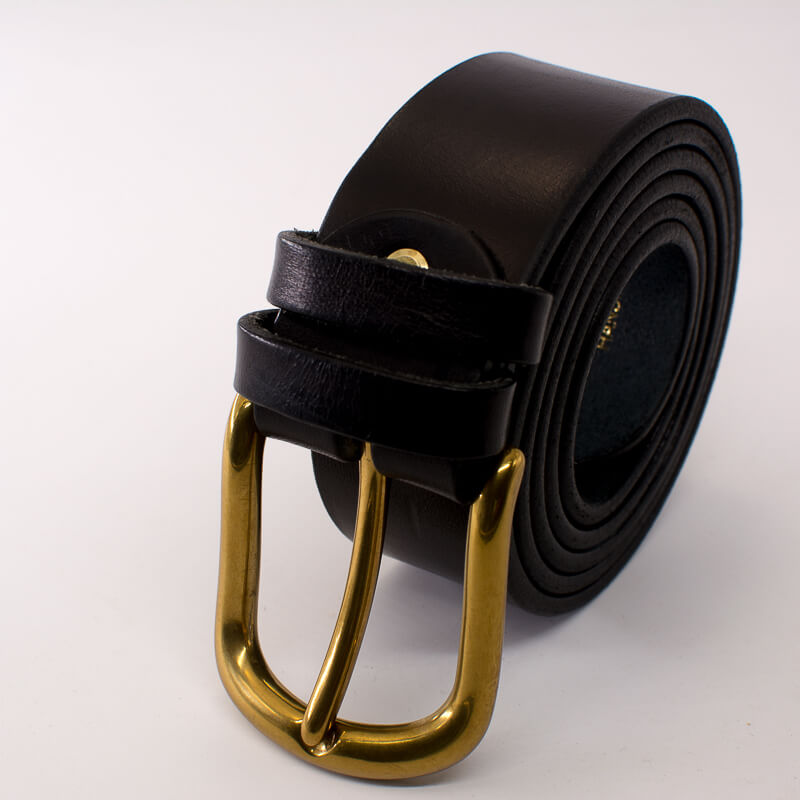 Golden round solid brass buckle - black leather belt - 4cm width