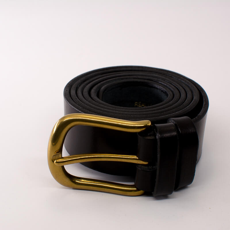 Golden round solid brass buckle - black leather belt - 4cm width