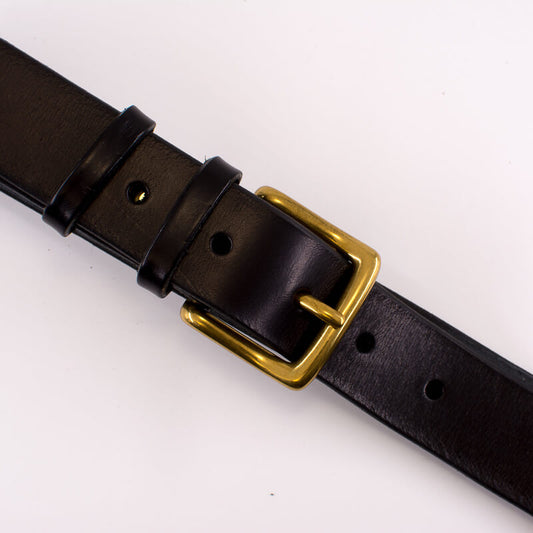 Golden square solid brass buckle (short) - black leather belt - 3.5cm width