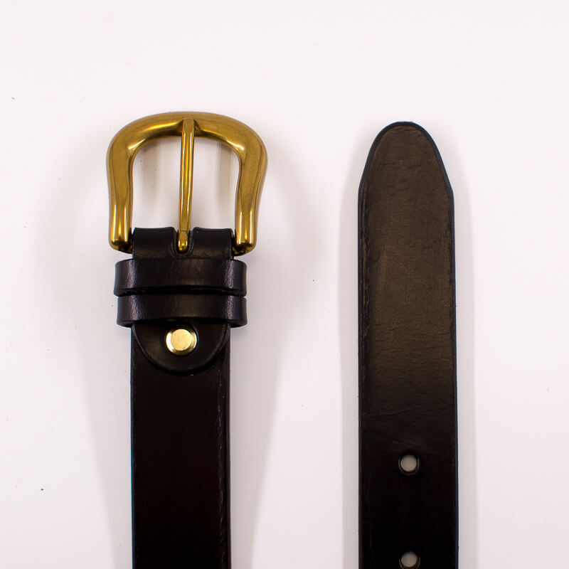 Golden round solid brass buckle - black leather belt - 3cm width