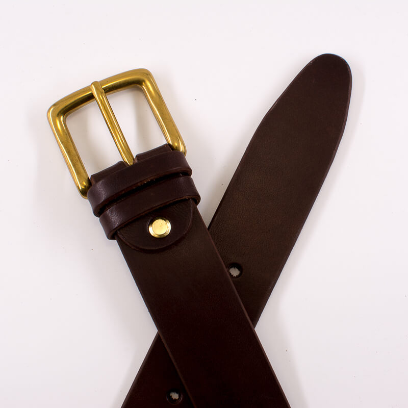 Golden square solid brass buckle (short) - dark brown leather belt - 3.5cm width