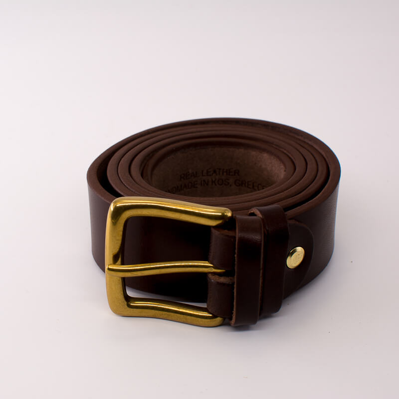 Golden square solid brass buckle (short) - dark brown leather belt - 3.5cm width
