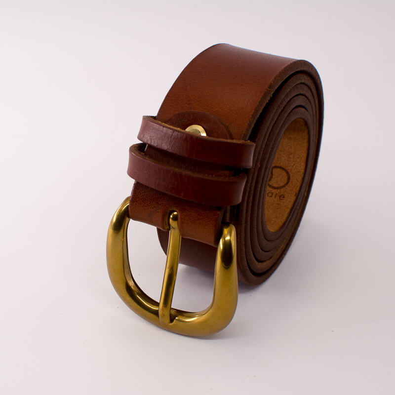 Golden round solid brass buckle - light brown leather belt - 3.5cm width