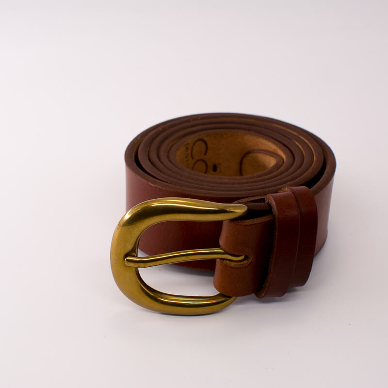 Golden round solid brass buckle - light brown leather belt - 3.5cm width