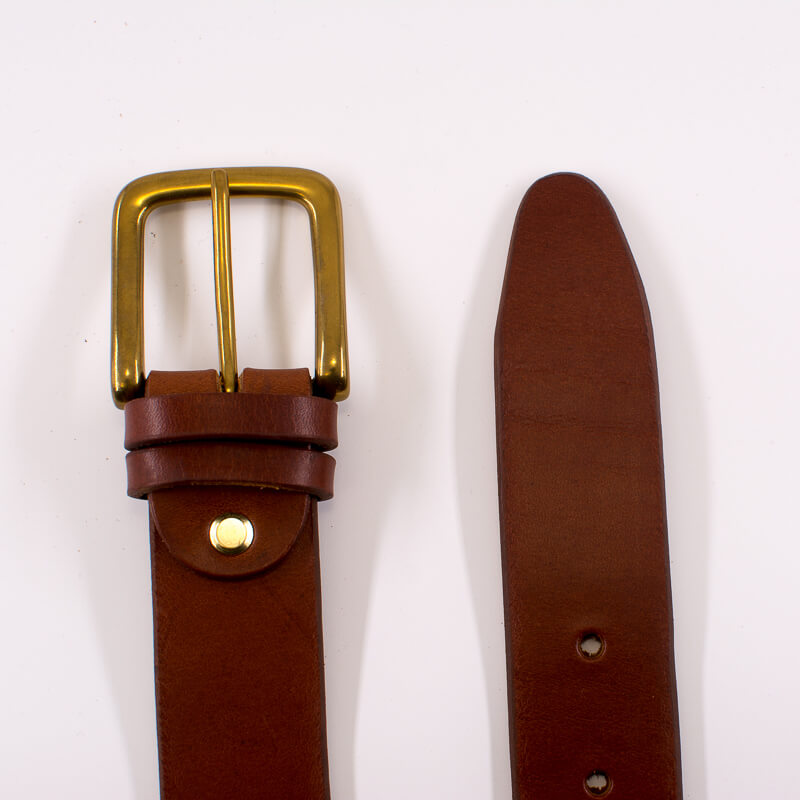 Golden square solid brass buckle - light brown leather belt - 3.5cm width