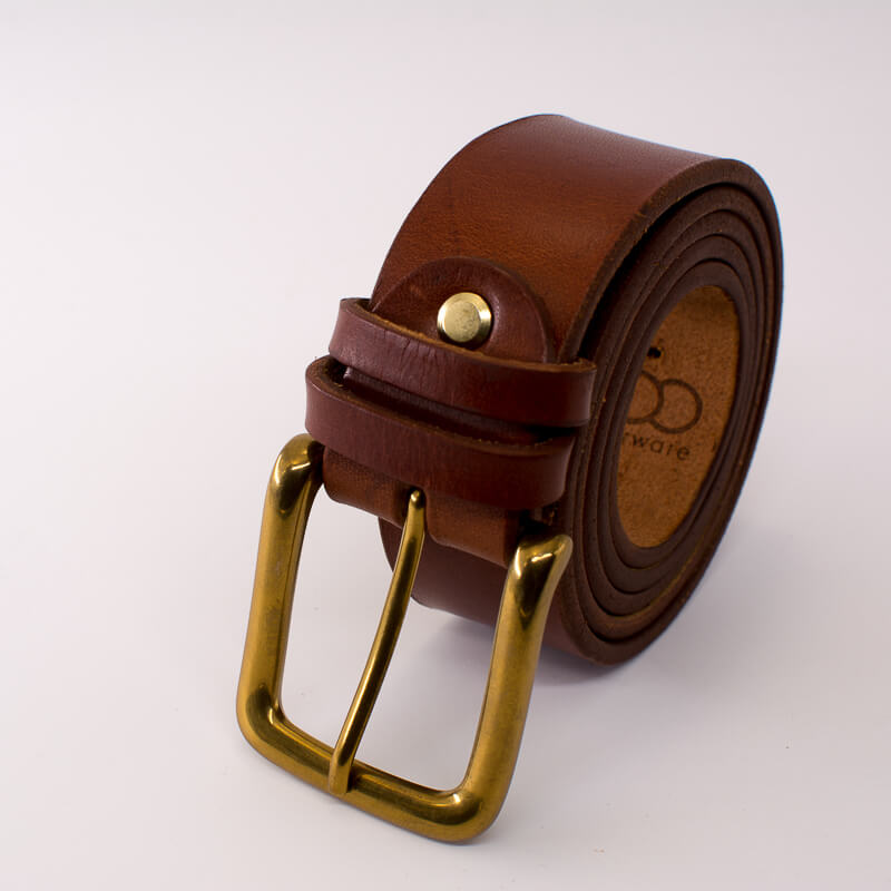 Golden square solid brass buckle - light brown leather belt - 3.5cm width