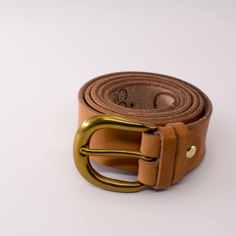 Golden round solid brass buckle - natural leather belt - 3.5cm width