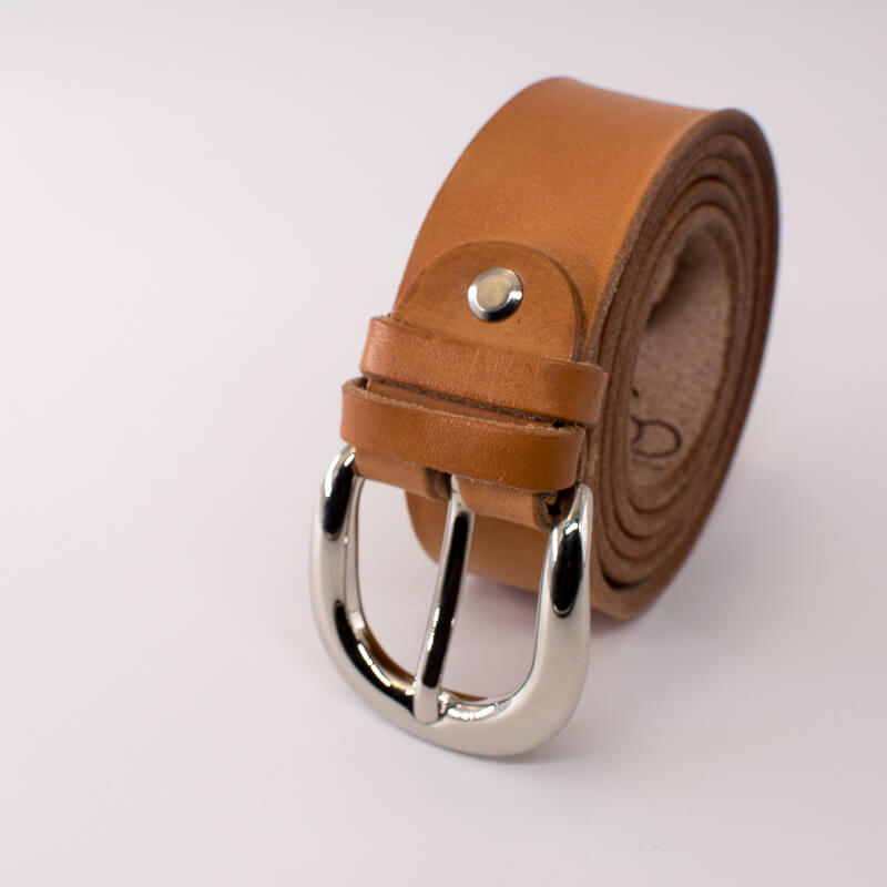 Silver round solid brass buckle - natural leather belt - 3.5cm width