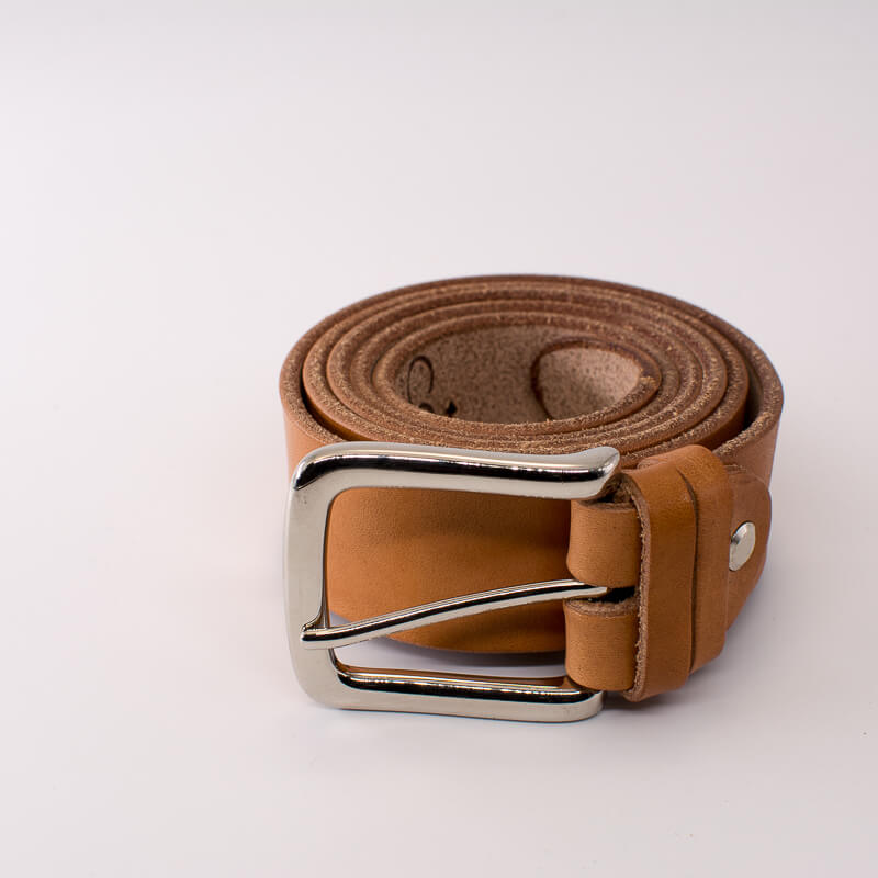 Silver square solid brass buckle - natural leather belt - 3.5cm width