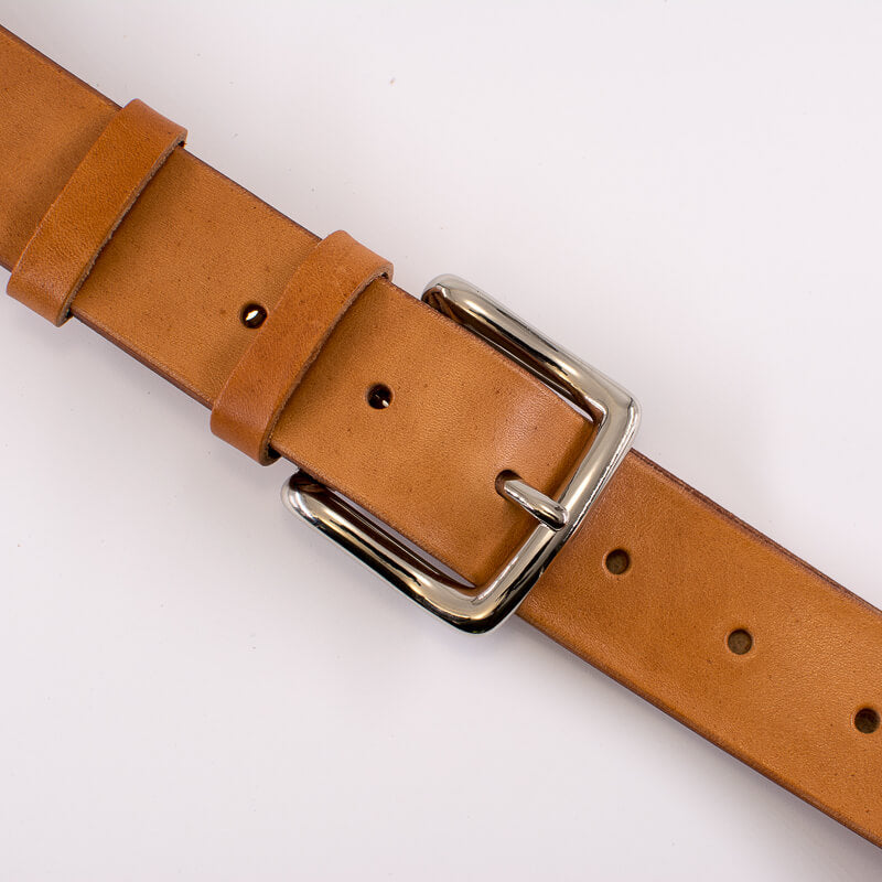 Silver square solid brass buckle (short) - natural leather belt - 4cm width