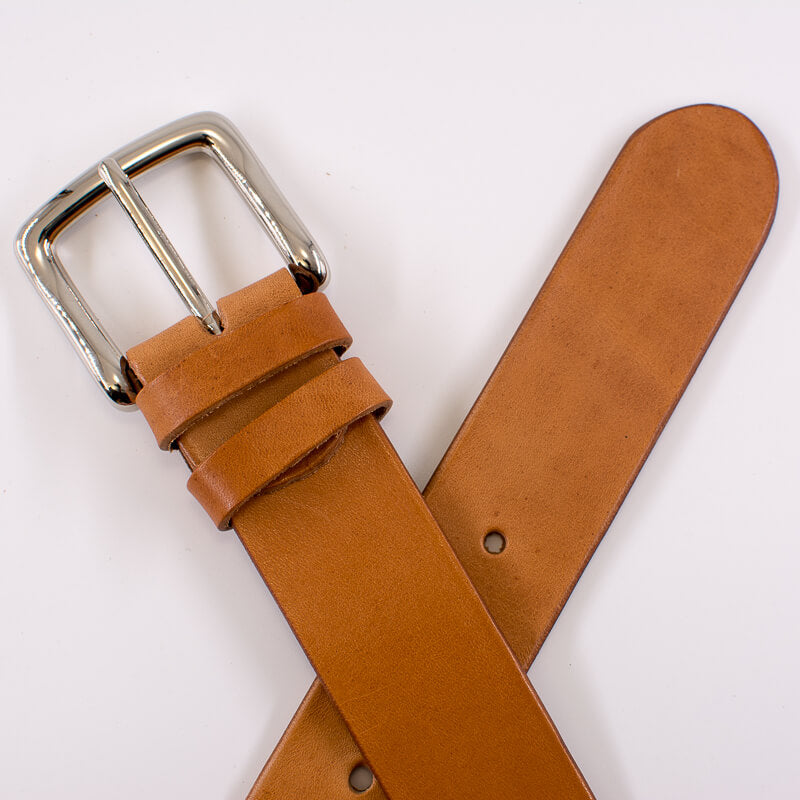 Silver square solid brass buckle (short) - natural leather belt - 4cm width